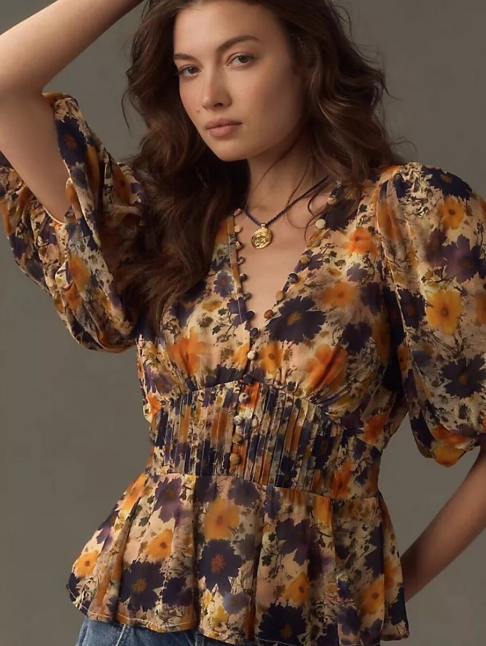 By Anthropologie Sheer Peplum Blouse Floral Puff Sleeve V-Neck Top Size M